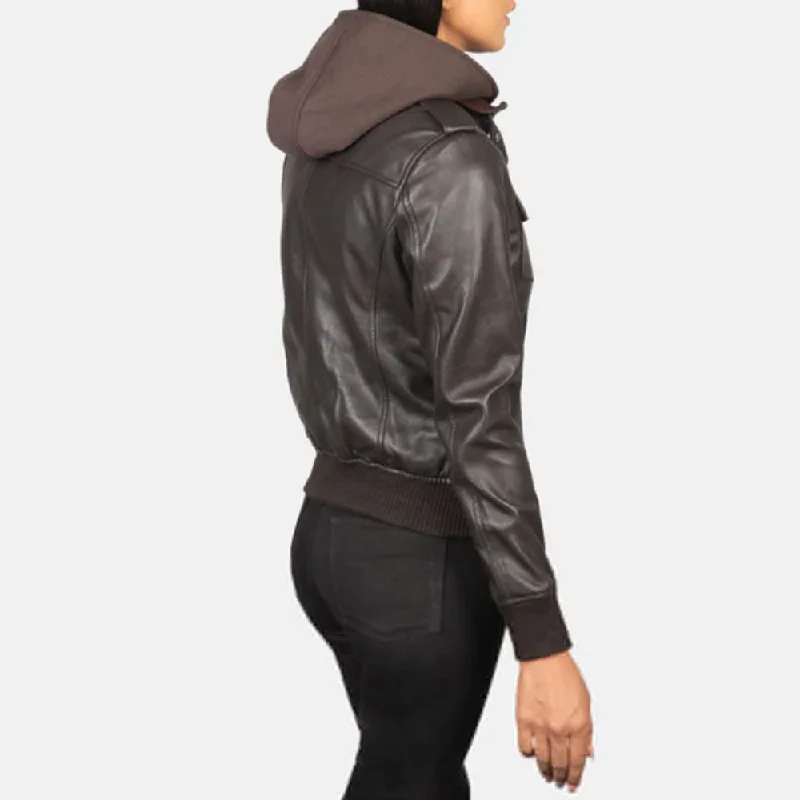 Brown Roslyn Hooded Bomber Leather Jacket