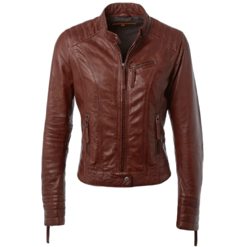 Brown Zipper Pockets with Lining Sheepskin Leather Jacket Women