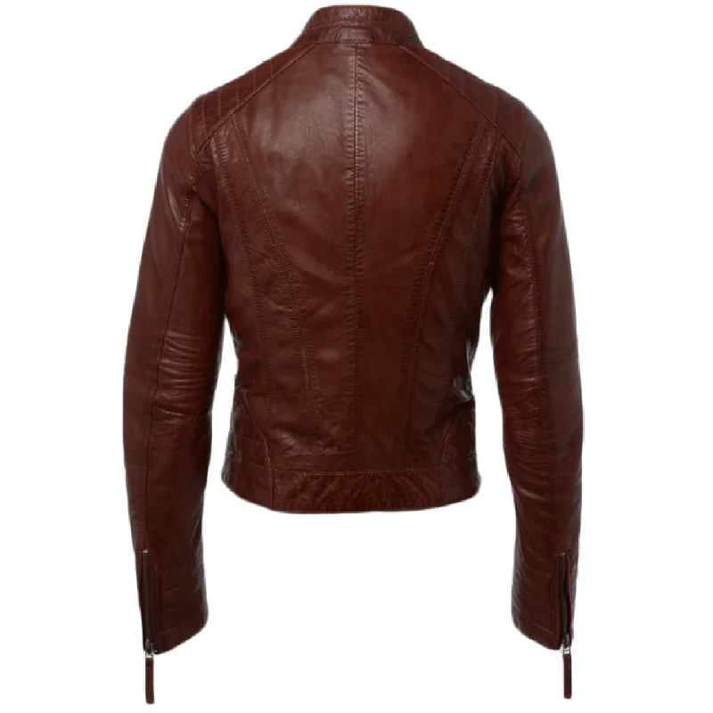 Brown Zipper Pockets with Lining Sheepskin Leather Jacket Women