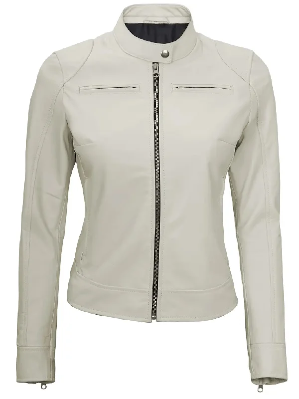 Dodge Women's Off White Cafe Racer Motorcycle Leather Jacket