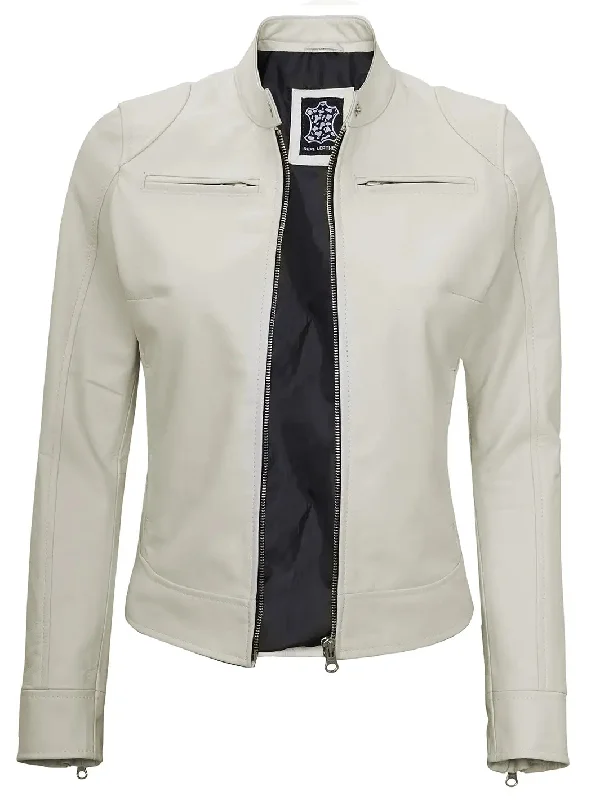 Dodge Women's Off White Cafe Racer Motorcycle Leather Jacket