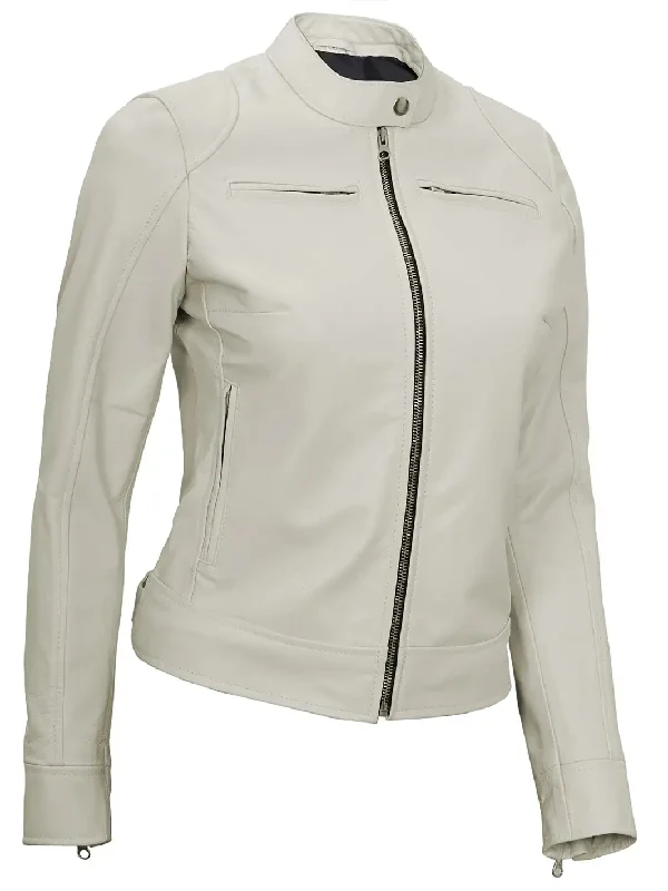 Dodge Women's Off White Cafe Racer Motorcycle Leather Jacket