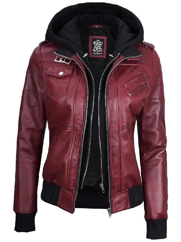 Edinburgh Maroon Leather Bomber Jacket With Hood