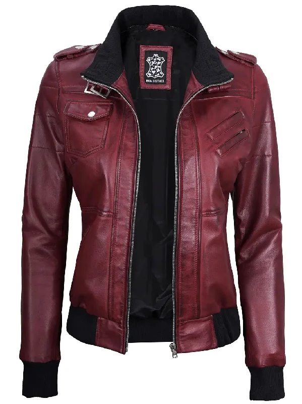 Edinburgh Maroon Leather Bomber Jacket With Hood