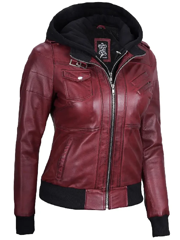 Edinburgh Maroon Leather Bomber Jacket With Hood