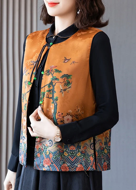 Elegant Orange O-Neck Print Button Side Open Silk Waistcoat Spring