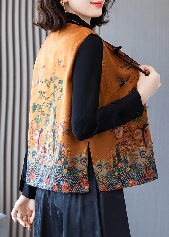 Elegant Orange O-Neck Print Button Side Open Silk Waistcoat Spring