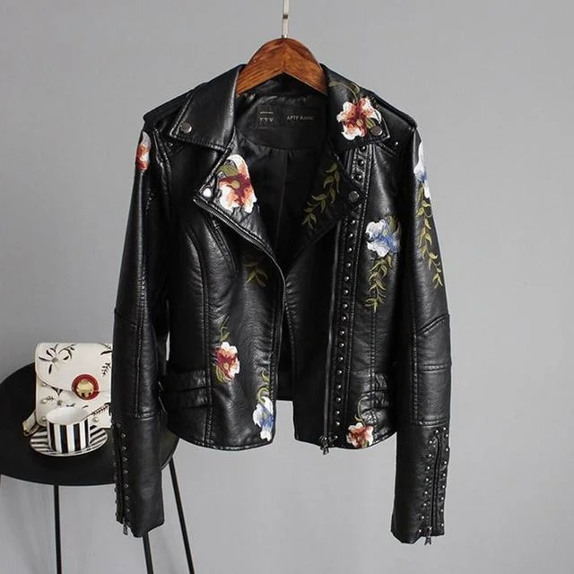 Ftlzz Women Floral Print Embroidery Faux Soft Leather Jacket