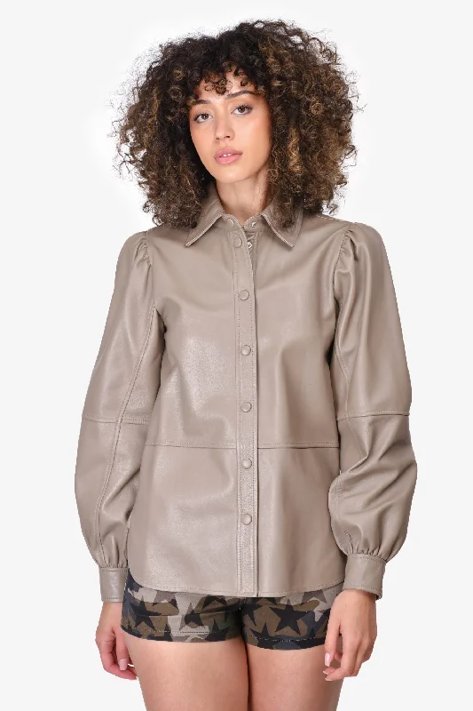 Ganni Taupe Leather Popper Button Up Jacket Size 34