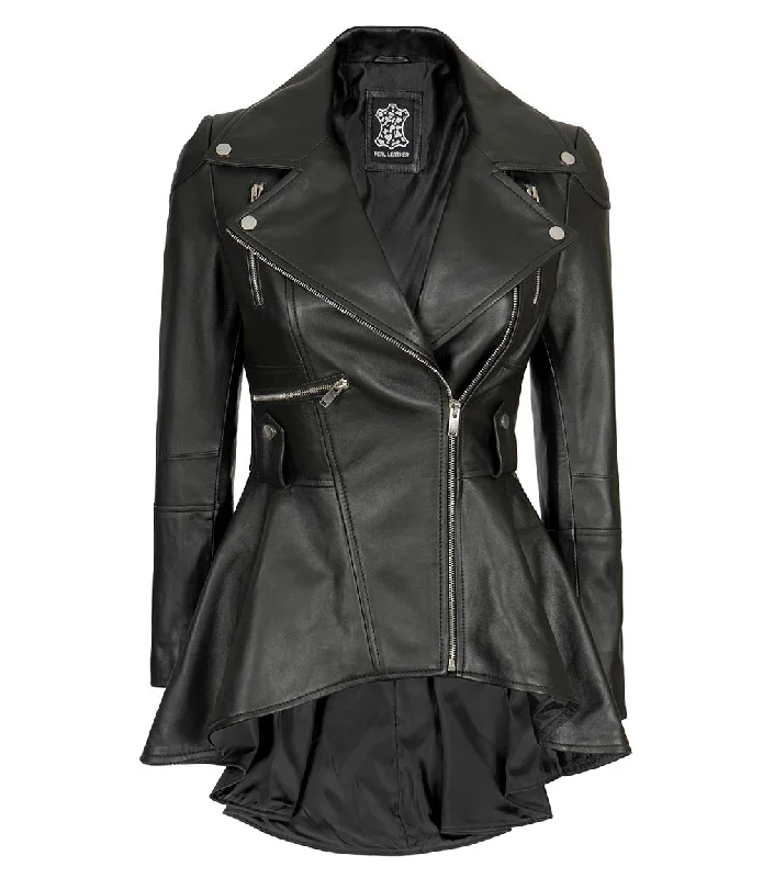 Gonzalez Women’s Black Asymmetrical Peplum Leather Jacket