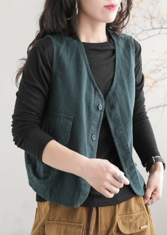 Green V Neck Button Pockets Waistcoat Sleeveless