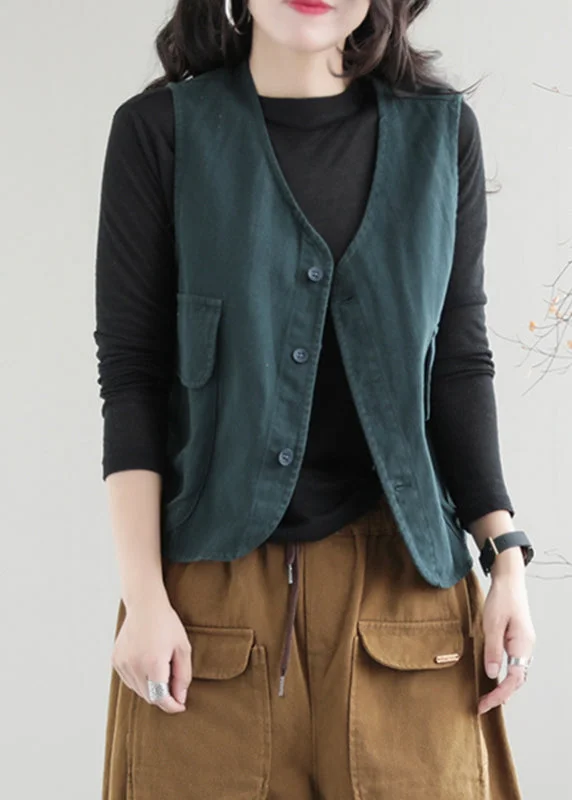 Green V Neck Button Pockets Waistcoat Sleeveless