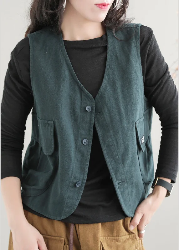 Green V Neck Button Pockets Waistcoat Sleeveless