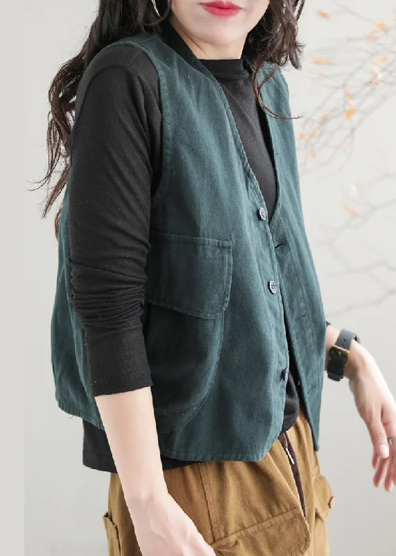 Green V Neck Button Pockets Waistcoat Sleeveless