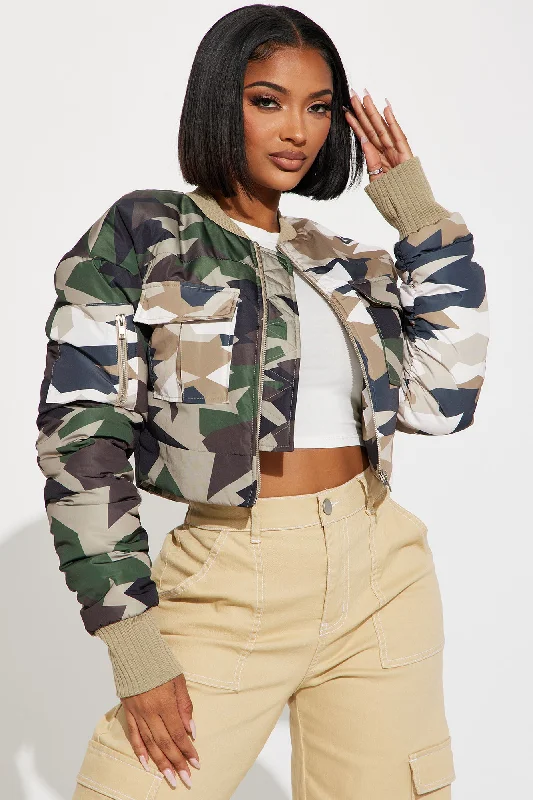 Kiara Abstract Camo Puffer Jacket - Olive/combo