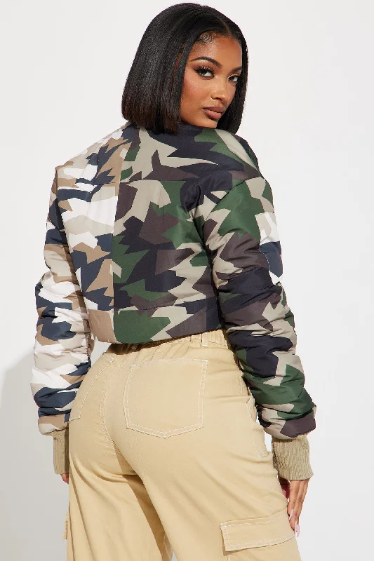 Kiara Abstract Camo Puffer Jacket - Olive/combo