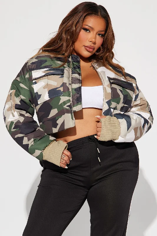 Kiara Abstract Camo Puffer Jacket - Olive/combo