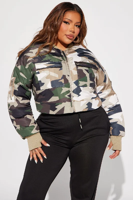 Kiara Abstract Camo Puffer Jacket - Olive/combo