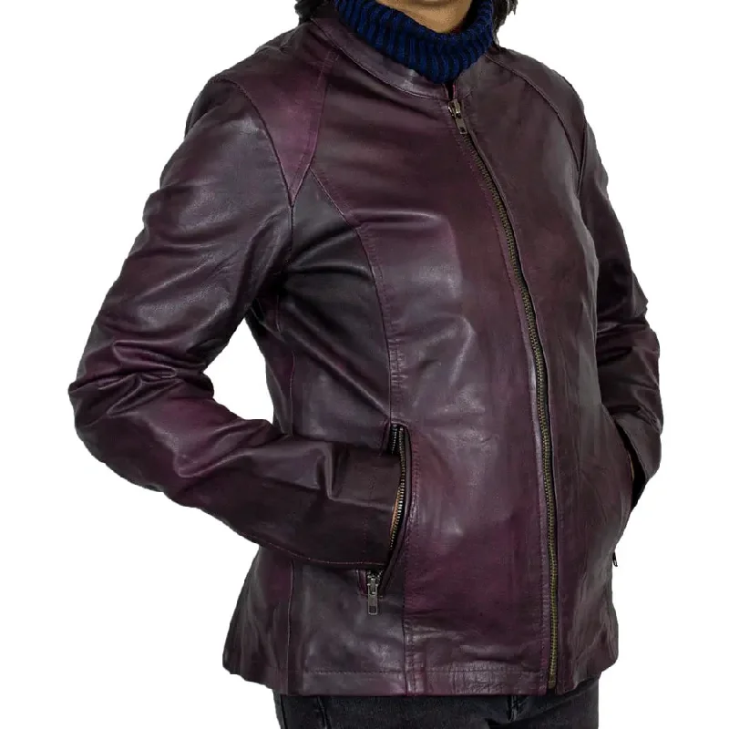 BOL Women's Purple Wash Moto Sheepskin Leather Jacket