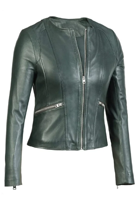 Women's Green Leather Biker Jacket