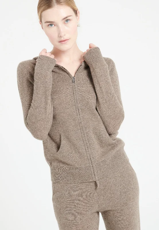 LILLY 8 Sweat à capuche zippé en cachemire taupe