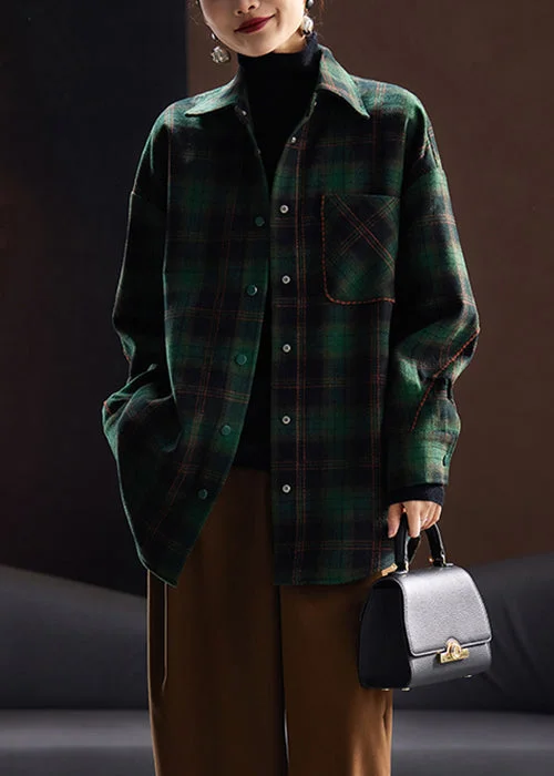 Loose Green Plaid Button Patchwork Woolen Shirt Spring