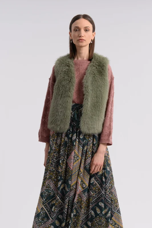 Molly Bracken Licheen Green Faux Fur Sleeveless Gilet