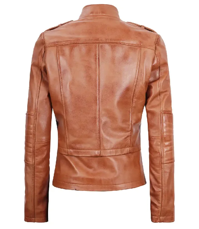 Monica Women's Tan Asymmetrical Biker Leather Jacket