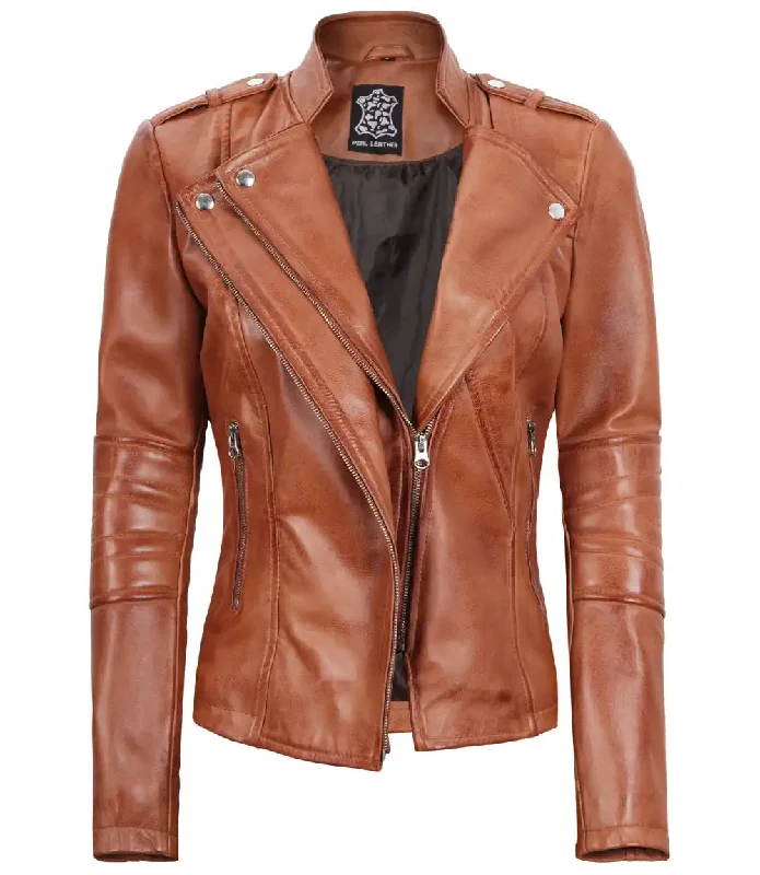 Monica Women's Tan Asymmetrical Biker Leather Jacket