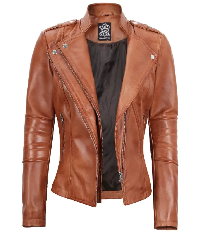 Monica Women's Tan Asymmetrical Biker Leather Jacket