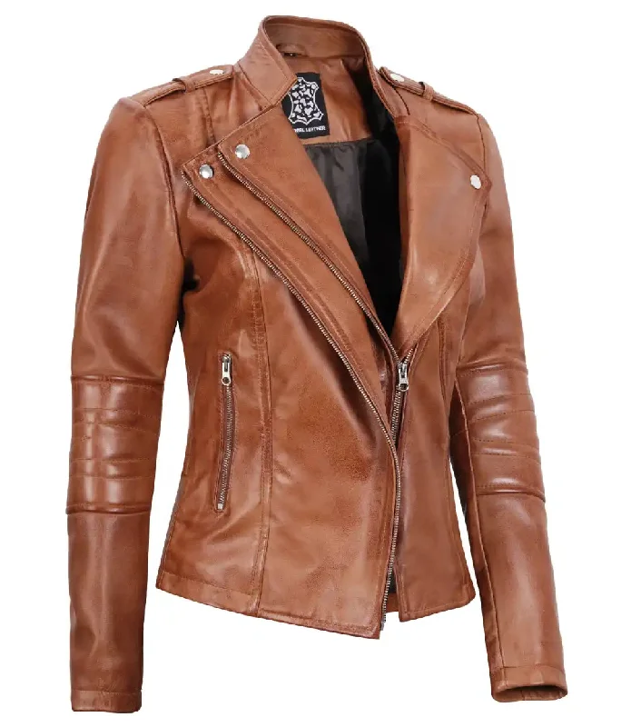 Monica Women's Tan Asymmetrical Biker Leather Jacket