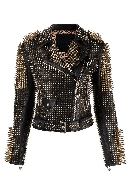 New 2024 Black Punk Silver Long Spiked Studded Leather Biker Jacket For Women