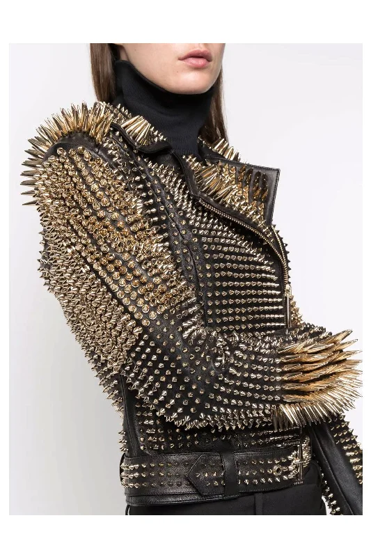 New 2024 Black Punk Silver Long Spiked Studded Leather Biker Jacket For Women