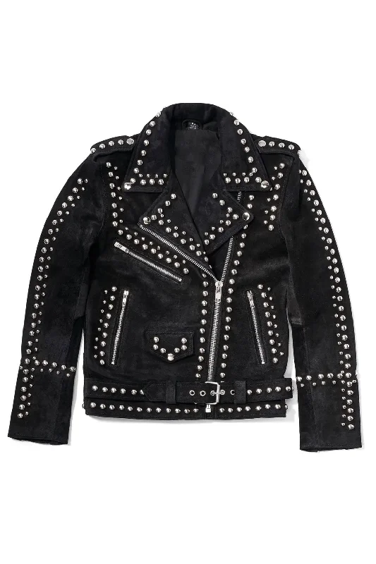 New 2024 Black Style Silver Studded Suede Leather Biker Jacket For Women