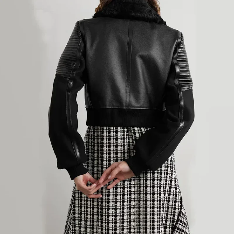 New Women Sheepskin Black trimmed textured-leather bomber jacket