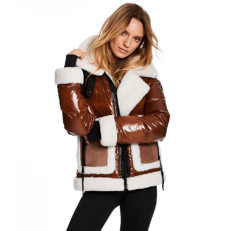 New Women white Fur Bubble Puffer Leather V-Bomber Jacket