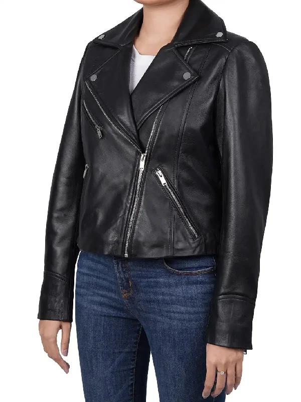 Ninfa Relax Fit Black Biker Leather Jacket