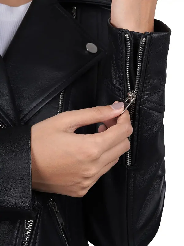 Ninfa Relax Fit Black Biker Leather Jacket