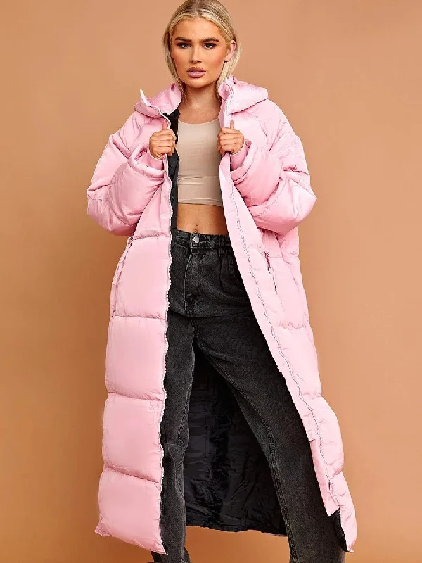 PETITE HOODED LONGLINE PUFFER JACKET-PINK