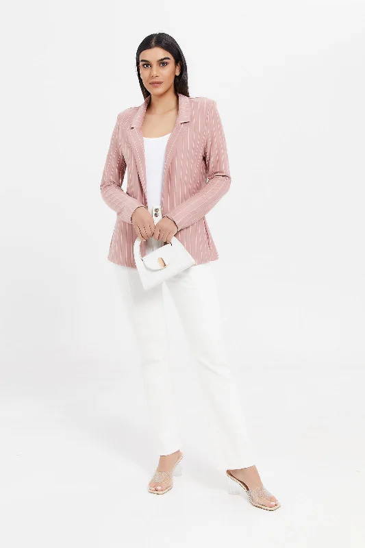 Women Pink Striped Rolled Sleeve Blazer