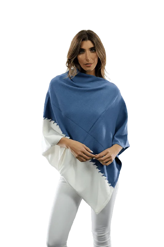 Poncho with Two Tone Detail - Denim Blue/White