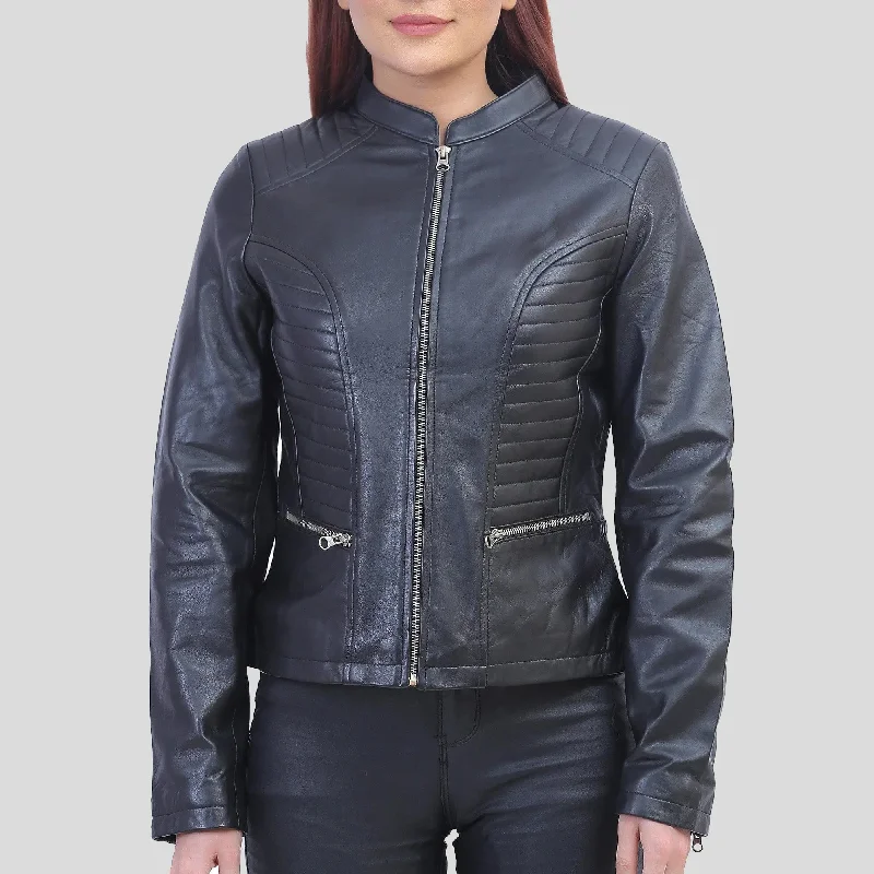 Rachel Womens Petite Black Cafe Racer Leather Jacket