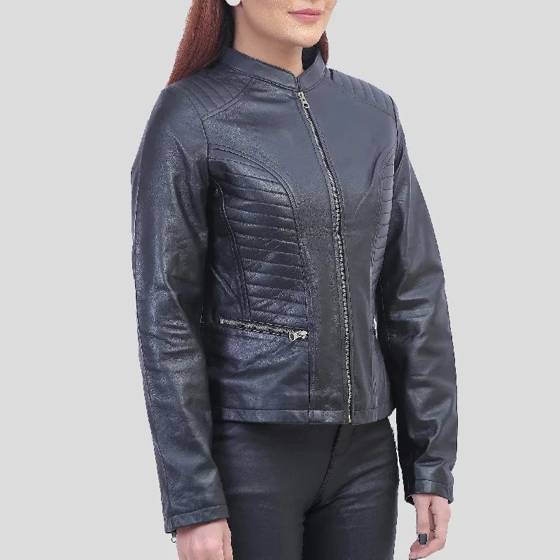 Rachel Womens Petite Black Cafe Racer Leather Jacket