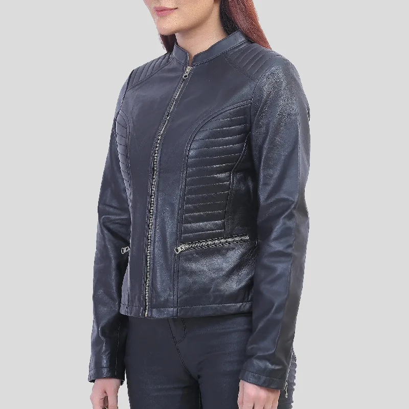 Rachel Womens Petite Black Cafe Racer Leather Jacket