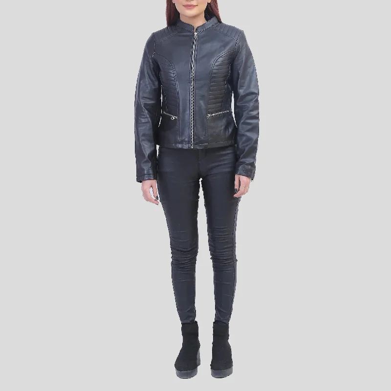 Rachel Womens Petite Black Cafe Racer Leather Jacket