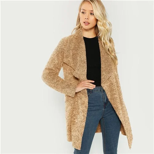 SHEIN Brown Casual Office Lady Solid Waterfall Collar Thermal Teddy Coat Autumn Fashion Workwear Women Coats Outerwear