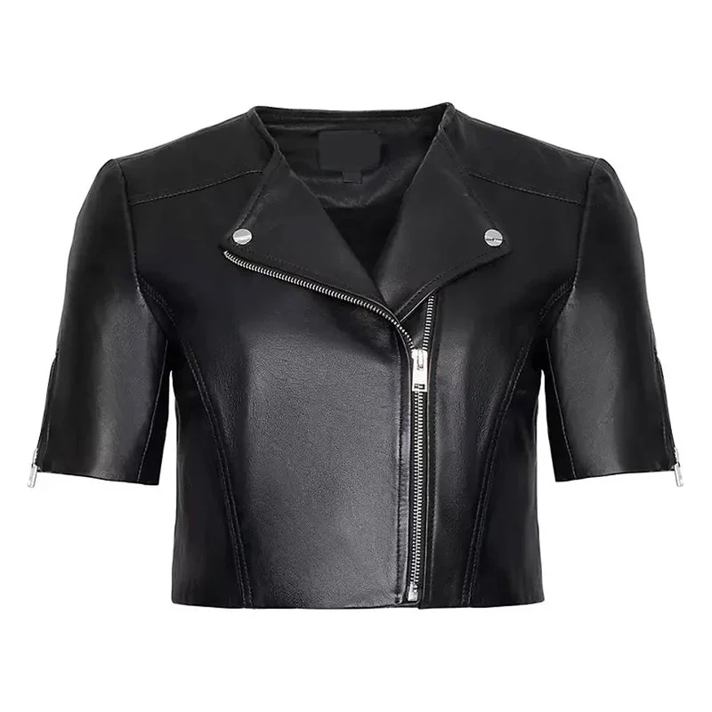 Short Sleeve Black Leather Jacket