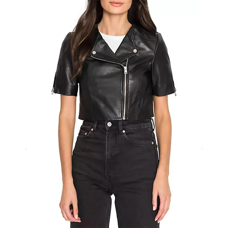 Short Sleeve Black Leather Jacket