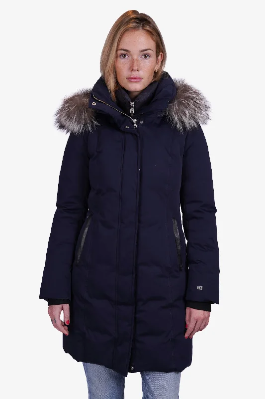 Soia & Kyo Navy Blue Double Zip Puffer Jacket with Fox Fur Trimmed Hood Size XS