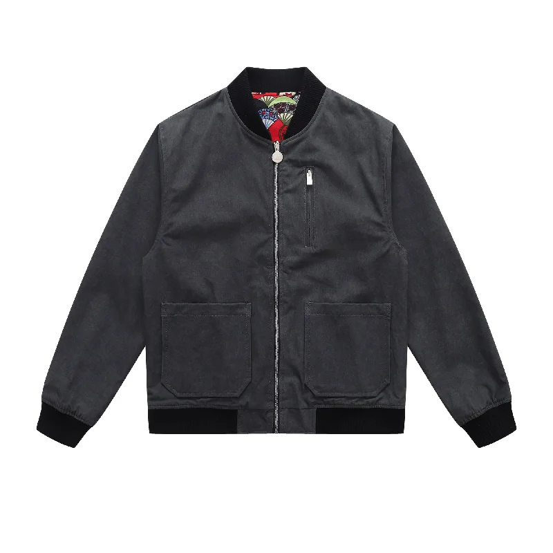 Soot and Ty Reversible Dark Grey Stonewash Statement Chore Bomber Jacket